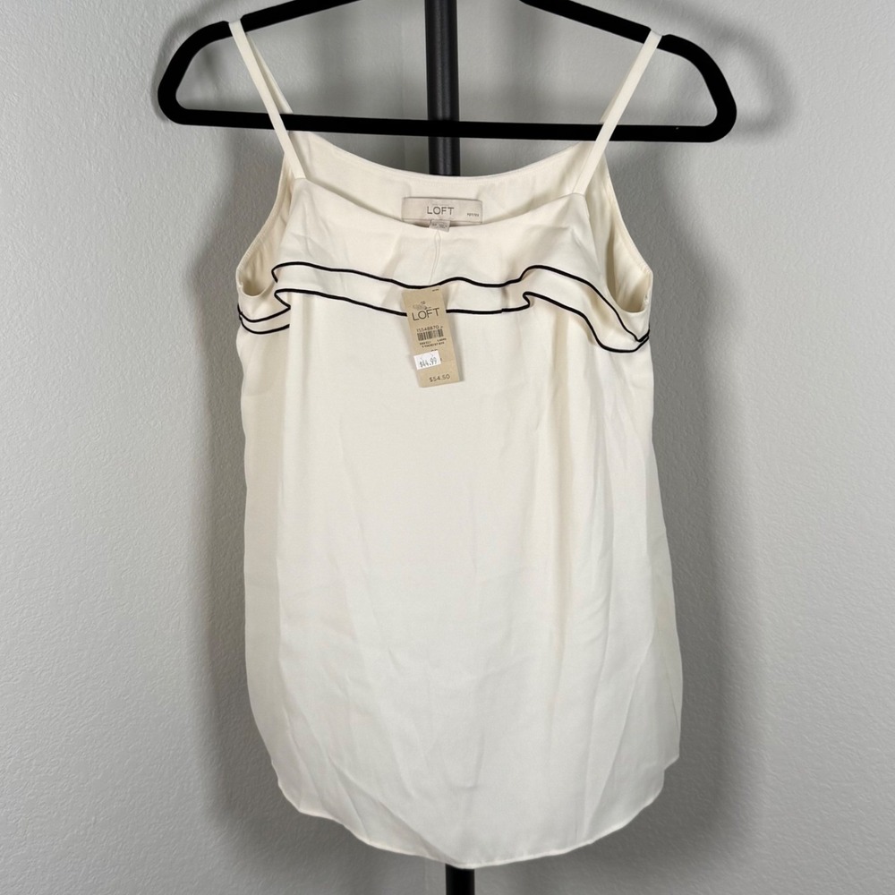 Loft Petites White Ruffle Camisole Top Black Piping Spaghetti Strap SP NWT